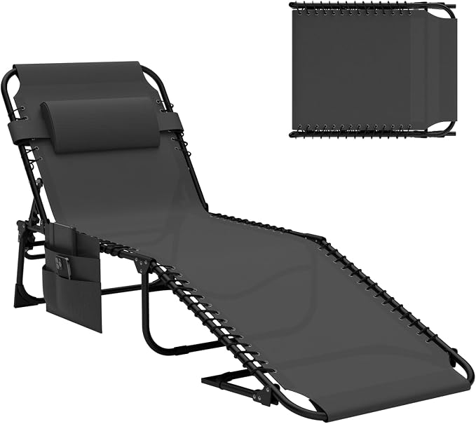 EBE Outdoor Lounge Chair Set of 2, Portable Patio Sun Tanning Chair with 4-Position Reclining Back, Pool Chaise Lounge Chair with Detachable Pillow and Side Pocket for Beach, Poolside, Black