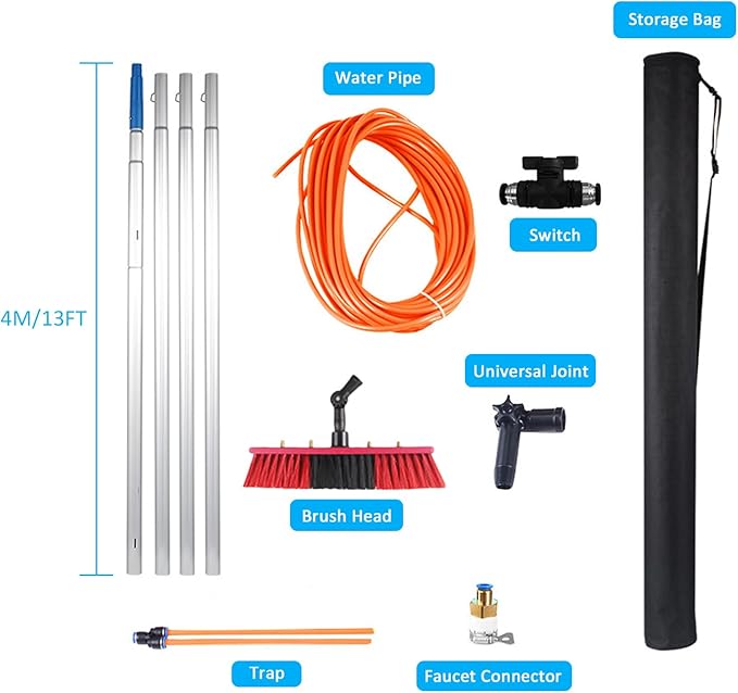 Window cleaning pole 3~12m extendable window cleaning kit window cleaning pole steel buckle fixing, easy to install,with 20m water supply hose 50cm water hole large brush head Roof Cleaning Tools