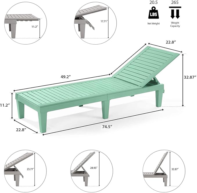 Nestl Sun Tanning Chair - Sage Green Chaise Lounge Chair Outdoor, Lightweight Pool Lounge Chairs Set of 2, Adjustable 5-Position Reclining Lawn Chair, Waterproof Beach Outdoor Lounge Chairs