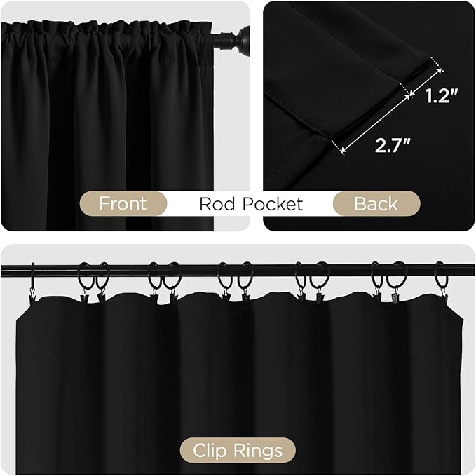 CUCRAF Black Blackout Curtains 72 inch Length 2 Panels Set, Rod Pocket Room