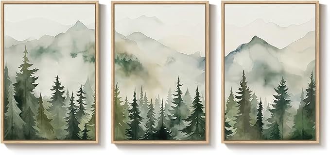 Large Framed Green Forest 3 Piece Wall Art for Living Room, Abstract Landscape Foggy Mountain Print Canvas Artwork for Walls, Modern Nordic Rustic Nature Wall Decor for Bedroom Home Office, 24x36 Inch