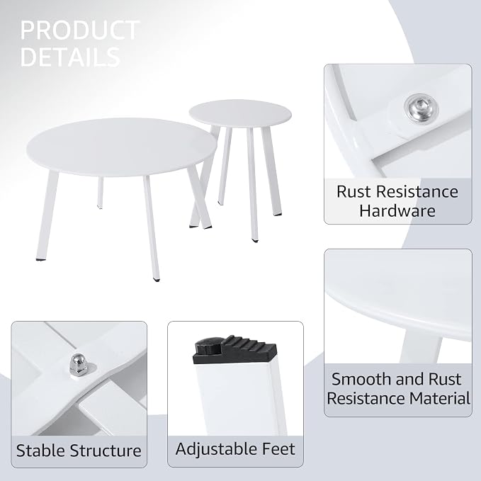 Meluvici Outdoor Patio Coffee Table Set of 2, Weather Resistant End Table, Round Nesting Tables for Living Room Balcony Office, White