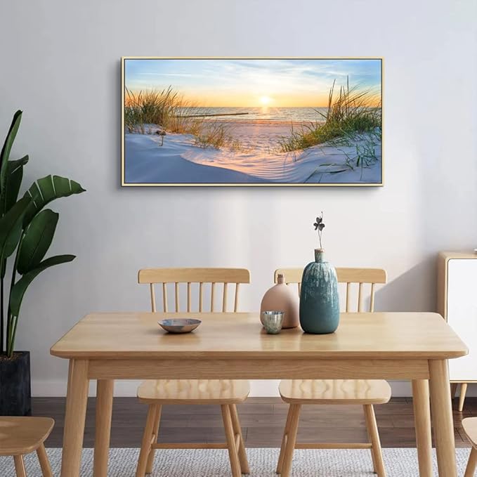 MHARTK66 Large Wall Decor For Office Canvas Wall Art For Living Room Bedroom Poster Art Prints Sun Seascape Wall Painting Blue Ocean Pictures Artwork For Walls Natural Wood Framed 24" X 48"