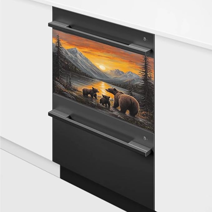 Lake Sunset Reflection Brown Bear Dishwasher Magnet Cover, Creative Kitchen Appliances Panel Decorate Refrigerator Front Door Magnets Decals 23" W x 17" H