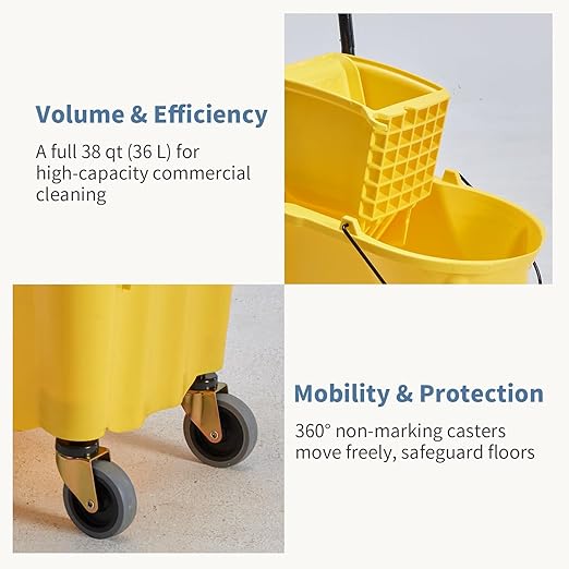 DUMOS 38-Quart Commercial Mop Bucket with Side-Press Wringer, Heavy-Duty Floor Cleaning System, Durable Wringer & Non-Marking Casters, Yellow