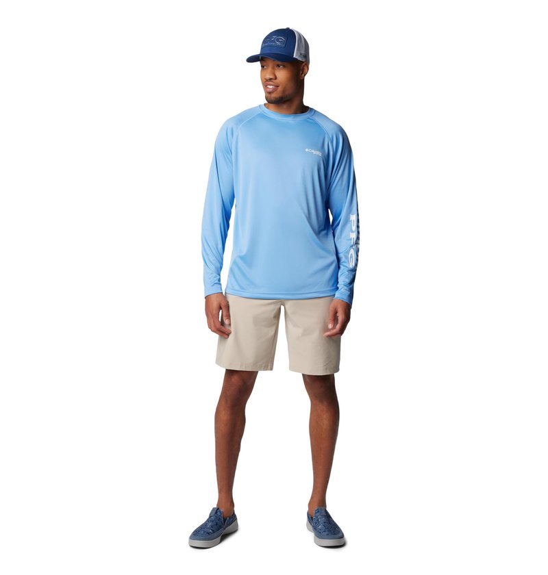 Columbia Men's PFG Terminal Tackle Long Sleeve Fishing Shirt, White Cap/White Logo, X-Large Tall