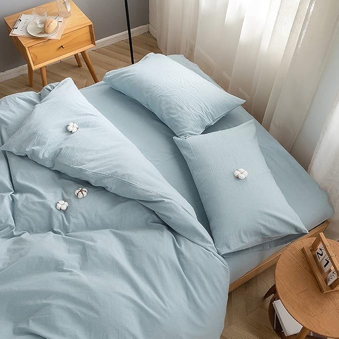 Face Two Face Bedding Duvet Cover Set100% Washed Cotton Duvet Cover Linen Like Textured Breathable Durable Soft Comfy (Twin, Light Blue)
