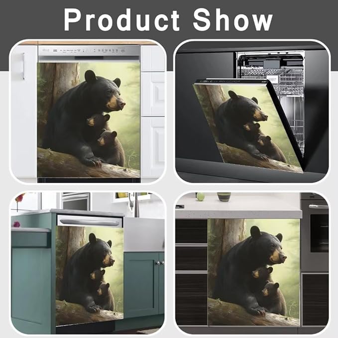 Forest Animal Bears Kitchen Dishwasher Cover Decoration, Mother Bear with Two Cubs Dishwasher Panel Decal, Black Bear Refrigerator Front Door Cover 23" x 26" Ordinary