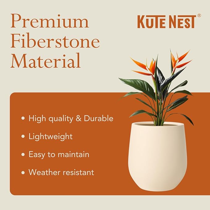 KUTE NEST 12.5" H x 11.4" D Premium Corso Fiberstone Round Tapered Planter with Drainage Hole, Smooth Finishes, Weather Resistant, Included 2 Extra Coco Mats (Kilim Beige, 9" Pot Opening)