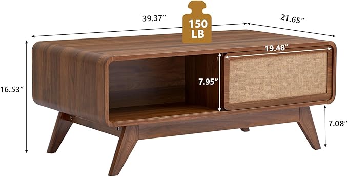 AVZEAR Mid Century Modern Coffee Table with Storage, Curved Edge Wood Coffee Table with Sliding Nature Linen Door, Farmhouse Center Table Rectangle Coffee Table for Living Room, Office, Walnut