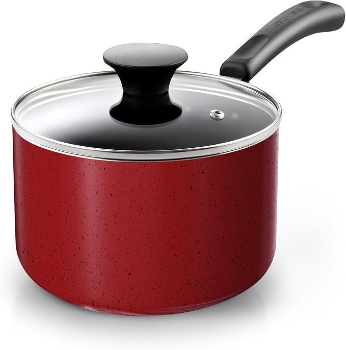 Cook N Home Non Stick Sauce Pan, 3 Quarts Saucepan with Glass Lid, Nonstick Small Multi-purpose Pot, Milk Chocolate Aluminum Cooking Pot Pan with Stay-Cool Handle, Marble Red