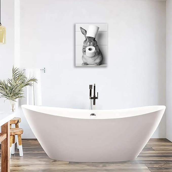 Bunny Bathroom Wall Art, Rabbit Pictures Wall Decor, Animal Canvas Prints Painting, Framed Artwork For Bathroom Living Room Bedroom Office Dining Room 24"X16"
