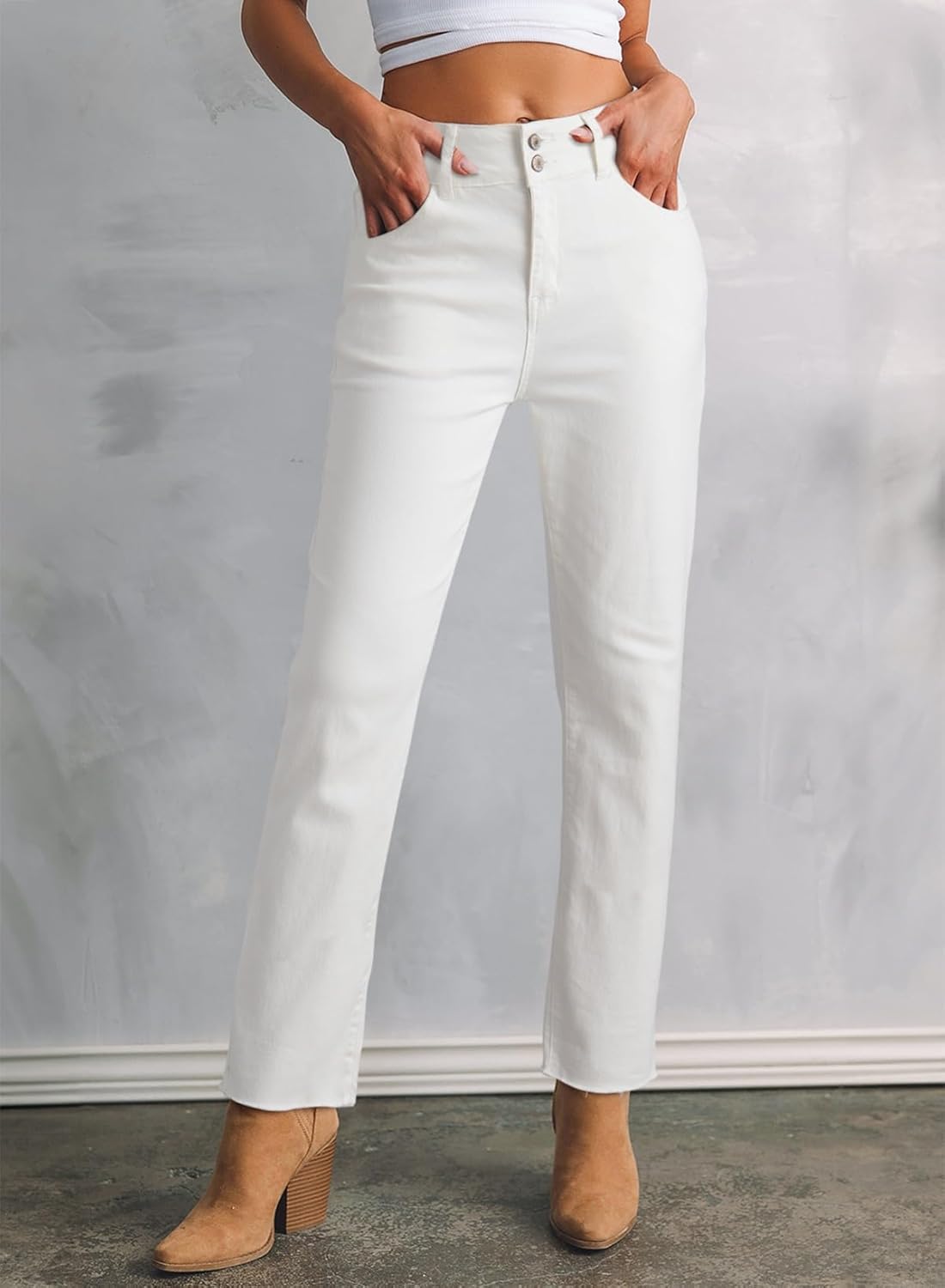 Sidefeel Women's High Waisted Jeans - Stretchy Raw Hem Straight Leg Denim Pants with Pockets