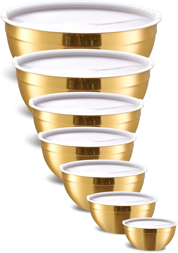 Gold Mixing Bowls with Airtight Lids, Stainless Steel Nesting Mixing Bowls Set of 7, Ideal for Baking, Prepping and Serving Food, Size 7, 3.6, 2.7, 2.1, 1.5, 1.1,0.8 QT, Stackable Design