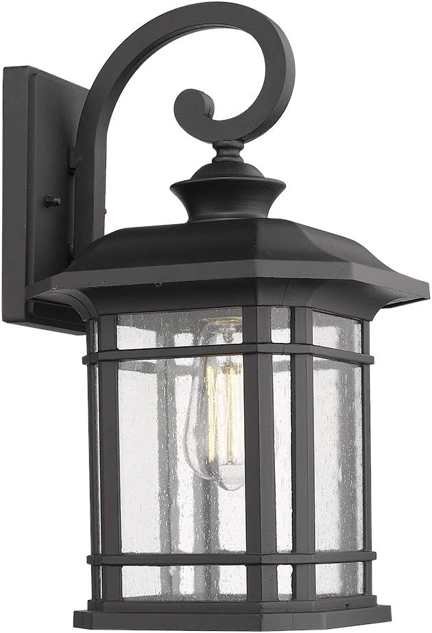 Emliviar Outdoor Wall Lights for House, 1-Light Exterior Wall Sconce Black Finish with Clear Seeded Glass, 17" Height, 22021M