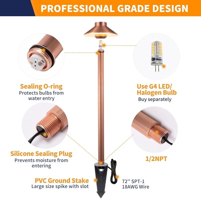 Brass Low Voltage Path Lights(Hat) Outdoor Waterproof IP65, 12v LED Copper Landscape Lights Wired Fixture for Walkway Driveway Garden Yard Without G4 Bulb(6 Pack)