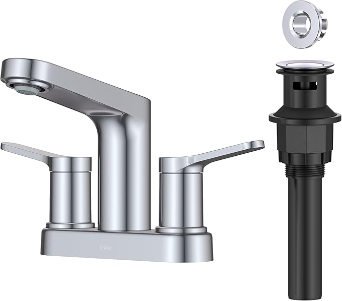 KRAUS Indy Centerset Bathroom Faucet in Chrome with 2 Handles, Pop Up Drain and Supply Lines, FUS14102CH