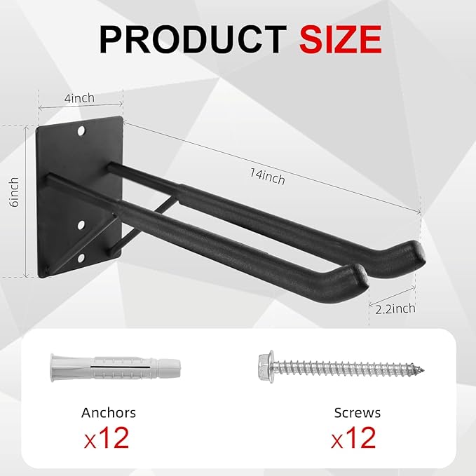 14" Large Heavy Duty Garage Hooks, 4-Pack Steel Garage Storage Hooks with Support Rods, Utility Wall Mount Hangers for Power Tools, Car Tires, Ladders, Chairs, Garden Tools and More