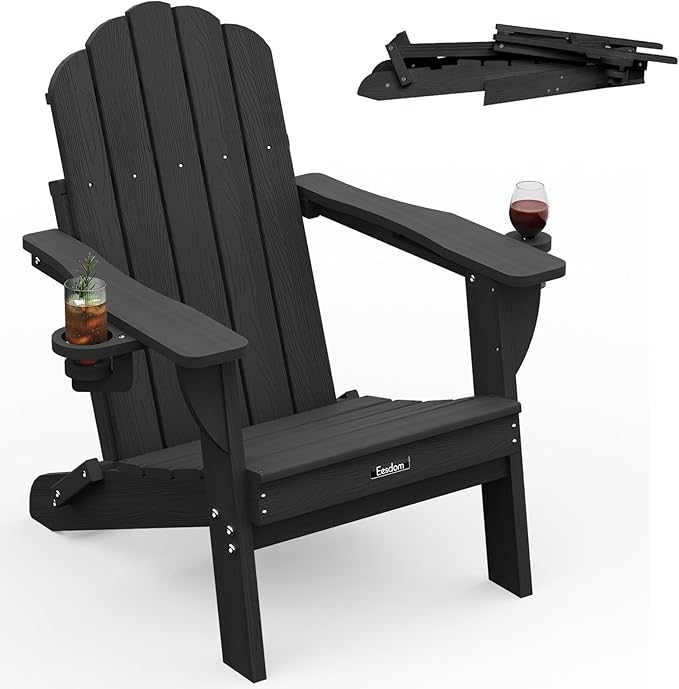 Folding Adirondack Chair,All-Weather HDPE Fire Pit Chair with 2 Cup Holders, Plastic Outdoor Chair for Patio Deck Garden Lawn, Black