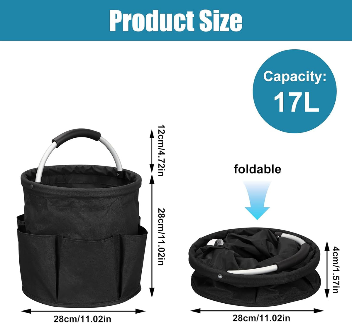Qivine 17L Cleaning Caddy with Handle, Cleaning Supply Caddy Foldable Tool Bag Cleaning Products Organizers Portable Cleaning Bucket Organiser for Storing Towels (Black)