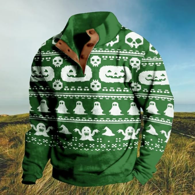 Mens Western Halloween Hoodie Button Up Henley Shirt Cowboys Sweatshirt Men Graphic Long Sleeve Pullover Tops