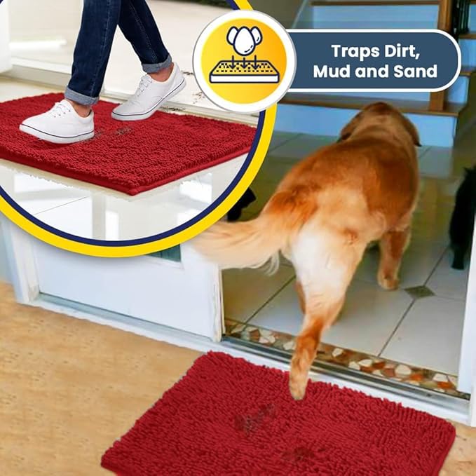 Muddy Mat® | Super Water Absorbent Door Mat Indoor, Microfiber Quick Dry Chenille Entryway Rug, Slip Resistant Front Door Mat, Indoor Mats for Entryway, Machine Washable Pet Rug, Red 20" x 33"