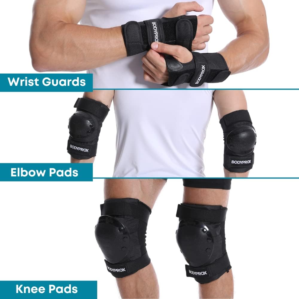 BODYPROX Knee Pads, Elbow Pads & Wrist Guards Set - Ultimate Protection for Skating & BMX | Adjustable Fit