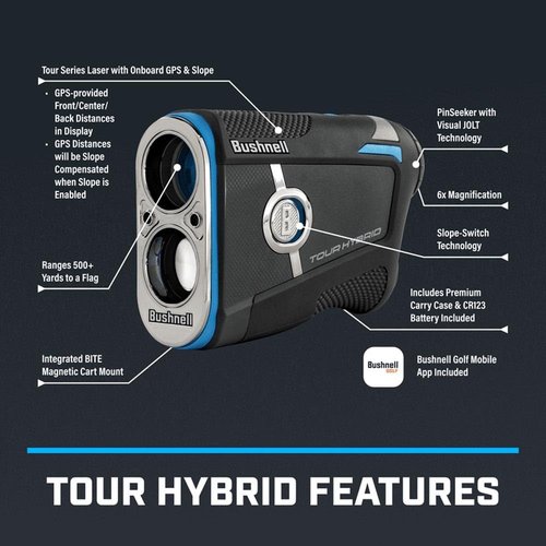 Bushnell Golf Tour Hybrid GPS Laser Rangefinder - Slope Compensation, Magnetic Mount, 6X Magnification, 1300 Yd Range