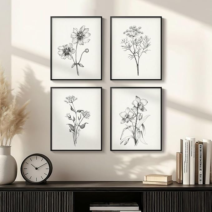 Framed Black and White Bathroom Wall Art, 4 Piece Vintage Floral Canvas Prints