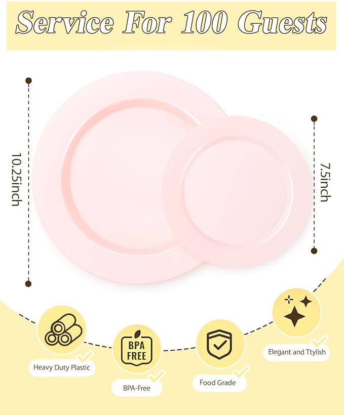 BESTSTAR 200PCS Pink Plastic Plates Set, 100 10.25 inch Dinner Plates and 100 7.5 inch Dessert Plates, Premium Disposable Plates for Party, Wedding
