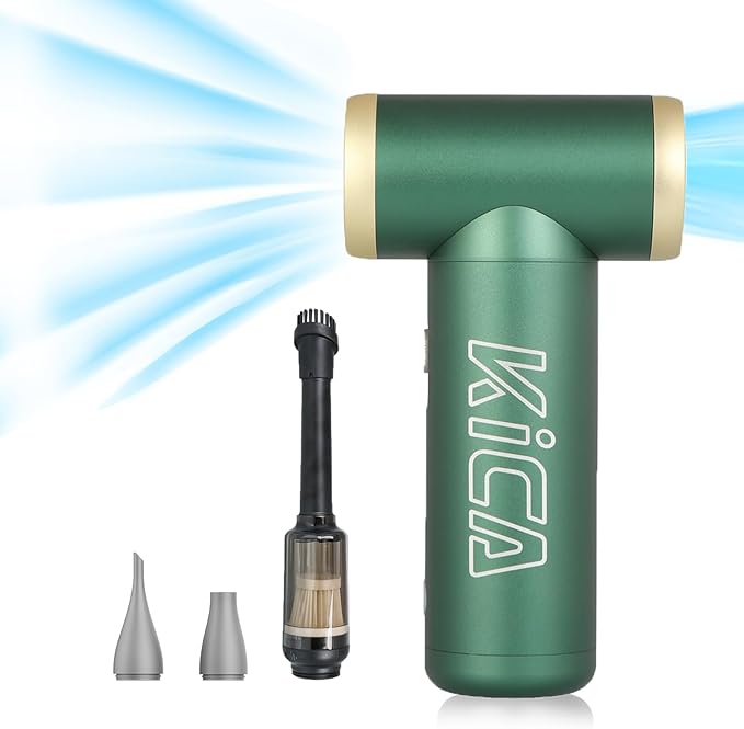 KiCA Jetfan 2.0 Electric Air Duster+Vacuum Accessory Combo for Computer/Keyboard/House Cleaning/Camera Lens/Camping/BBQ/Car/Barbershop,100000RPM,Two Nozzle/Long Battery,Air Can Substitute Tool-Green