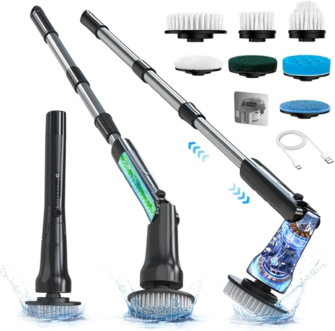 Electric Spin Scrubber, Hillyfe Bathroom Scrubber Electric with 7 Replaceable Brush Heads, IPX7 Waterproof,300/400 RPM, 3 Adjustable Length,Scrubber Brush Electric for Bathtub Floor,Black