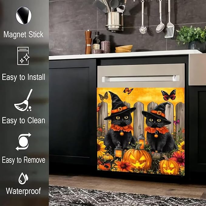 Halloween Black Cats Kitchen Decor Dishwasher Magnet Cover Decal, Pumpkins and Butterflies Magnetic Dish Washer Panel Door Vinyl Sticker, Refrigerator Magnets,Easy to Clean, 23 x 26 inch