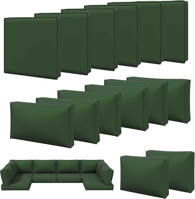 Aoxun 14pcs Patio Cushion Covers Replacement, Waterproof Outdoor Furniture Cushion Covers with Zipper and Non-Slip Bottom, Patio Sofa Couch 3 Sizes for Patio Sectional, Covers Only (Green)