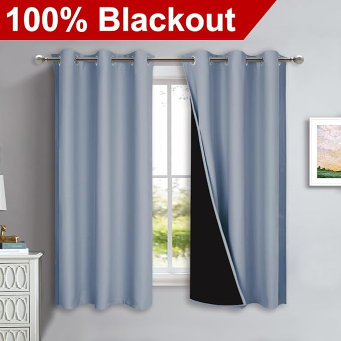 NICETOWN 100% Blackout Curtains 54 inches Long, Vintage Blue, 1 Pair, 42 inches