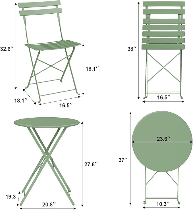 3-Piece Folding Bistro Set, Outdoor Patio Furniture Set with 2 Chairs & 1 Table, Space-Saving Foldable Balcony Garden Set with Heavy-Duty Powder-Coated Steel Frame, No Assembly Required, Green