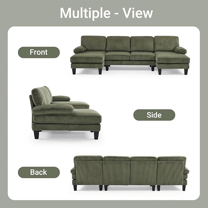 VINGLI 110" Sectional Couches for Living Room,U Shaped Couch with Double Chaise, 4-Seat Sofa Set with Corduroy Fabric for Home Furniture,Green
