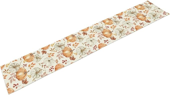 Pumpkin Table Runner Fall Orange White Colorful Leaves Berries Thanksgiving Watercolor Illustration Rustic Decor for Farmhouse Indoor Outdoor Party Holiday Dining Kitchen Restaurant Cafe W13xL108in