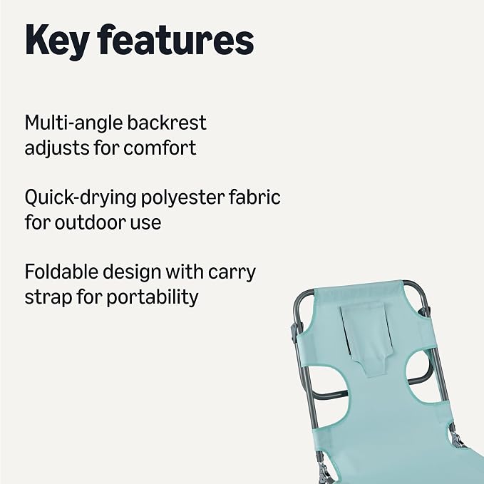 Amazon Basics Outdoor Lounge Tanning Chair, Foldable Chaise with Multi-Angle Backrest, Quick-Drying Polyester, Portable with Carry Strap, Blue, 1-Pack
