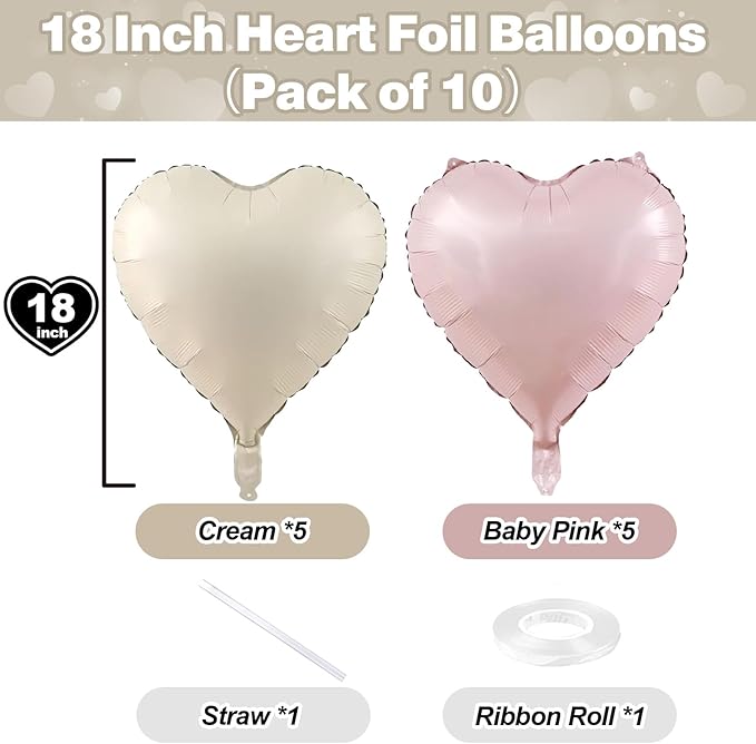 Pink White Heart Balloons, 18 Inch Baby Pink and Cream Helium Foil Heart Balloon 10Pcs Pastel Nude and Light Rosa Heart Shape Mylar Balloons for Boho Girls Women Birthday Baby Shower Bridal Valentines