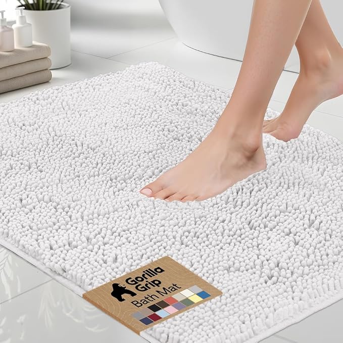GORILLA GRIP Bath Rug Mat 70x24, Thick Soft Absorbent Chenille, Quick Dry Microfiber Mats, Rubber Backing Washable Shower Floor Rugs, Bathmat Runner, US Designed Bathroom Home Decor Accessories White