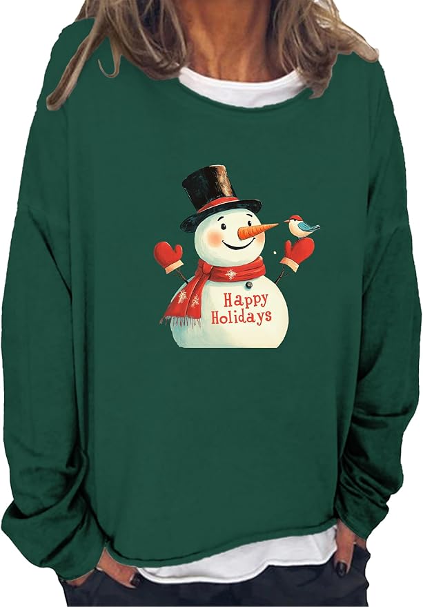 LOAIHA Christmas Shirts for Women Crewneck Snowman Snowflake Santa Graphic Shirts Christmas Tree Long Sleeve Xmas Hoodie