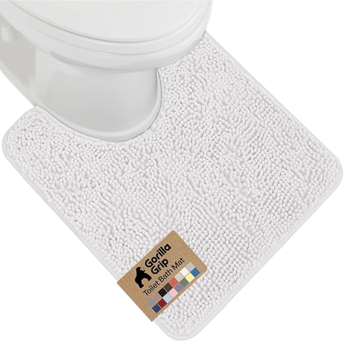 GORILLA GRIP Plush Absorbent Shaggy Chenille Bath Rug Mat for Oval Toilet Base with Rubber Backing, Machine Washable Rugs, Soft Microfiber Contour Mats for Toilets, Bathroom Decor, White