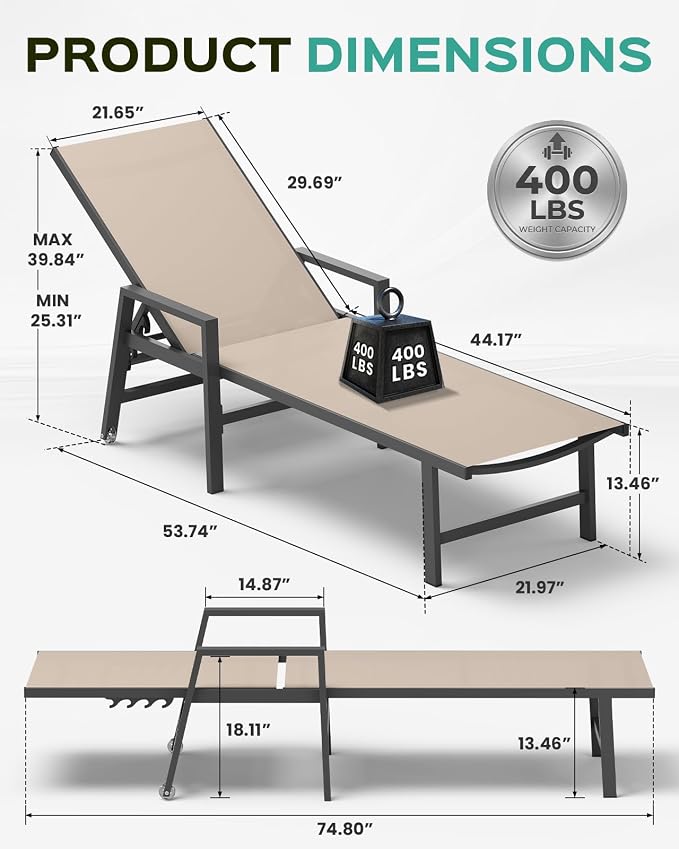 Patio Chaise Lounge Chair Outdoor with Wheels&Armrests, Aluminum Pool Lounge Chairs Five-Position Adjustable Recliner with Side Table, Outdoor Beach Lounge Chairs for Outside, Deck, Yard, Khaki