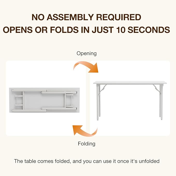 TEMI Long Computer Desk Folding Table - 55.1" Foldable Office Desk, No Assembly, Perfect Writing Table for Bedroom or Apartment, Portable Large Desk or Study Table with Compact Design, White Ash