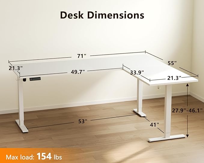 Casaottima 71 Inch Reversible Electric L Shaped Standing Desk, Height Adjustable Corner Stand up Desk, Ergonomic Large Lift Table for Home, Office, Workstation, Reception Room, White