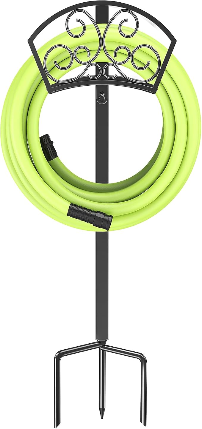 GOFORWILD Garden Hose Holder, Decorative Durable Hose Hanger, Holds 125-Feet of 5/8-Inch Hose, Made of Gauge Steel, Free-Standing Design for Outside Yard Lawn, Black