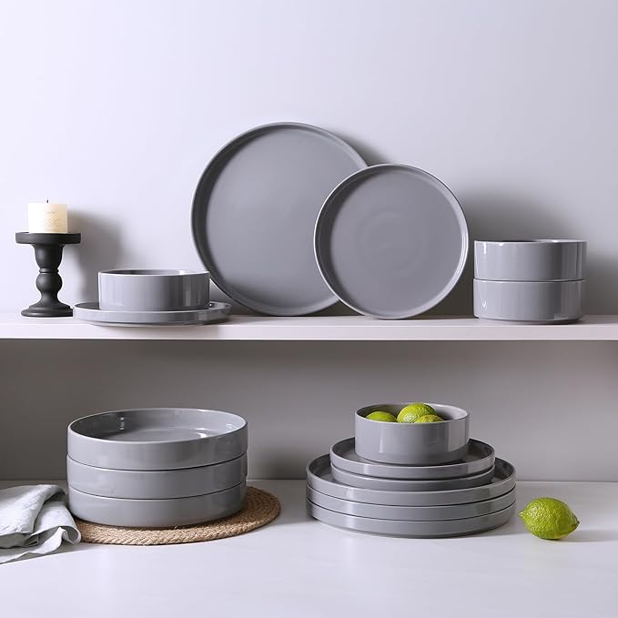 Famiware Nebula Plates and Bowls Set, 24 Pieces Dinnerware Sets, Dishes Set for 8, Dark Gray