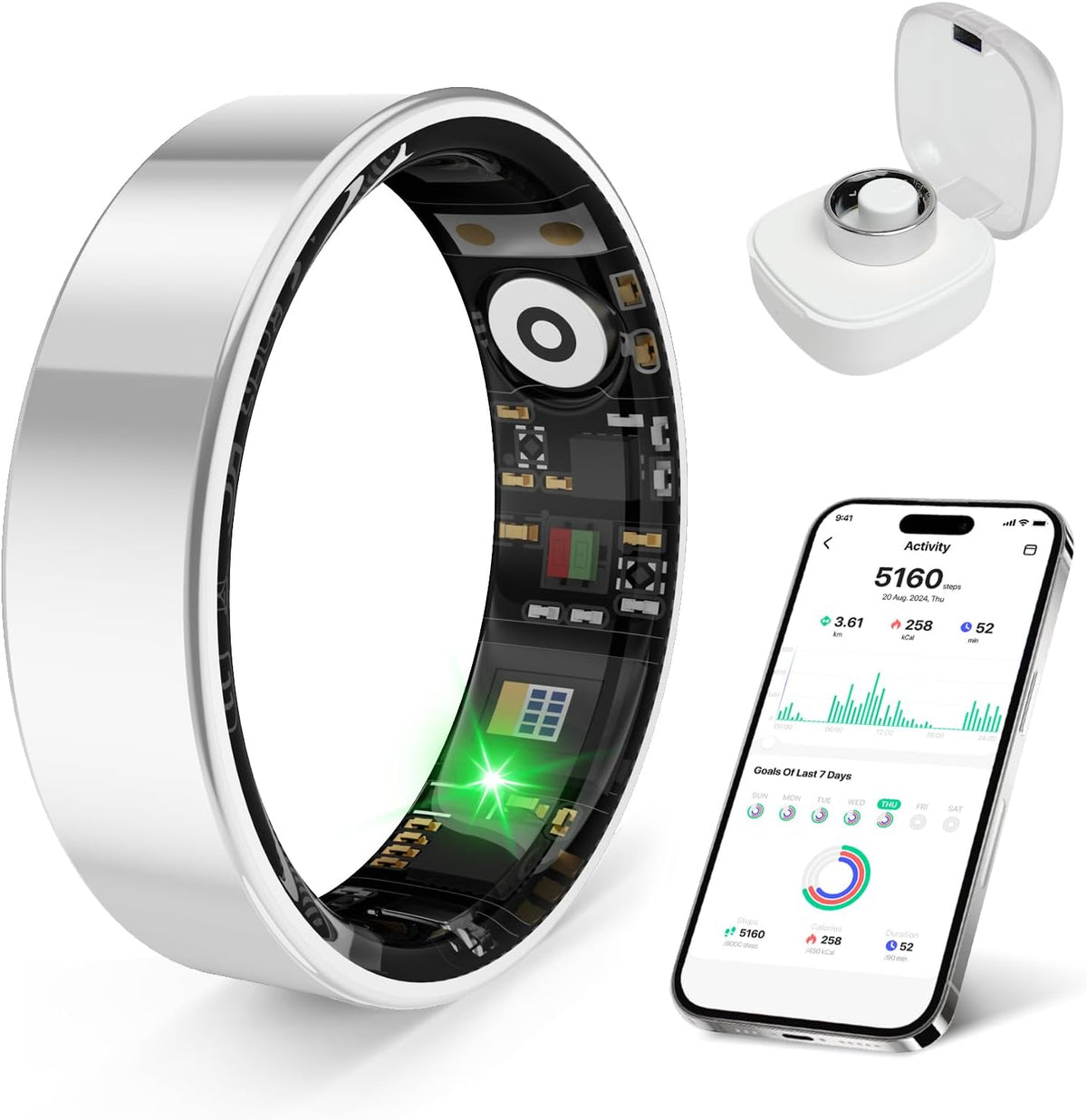 Skiennix Smart Ring Health Tracker - Sleep & Exercise Monitoring, IP68 Waterproof, 5-Day Battery | Silver, Size 7