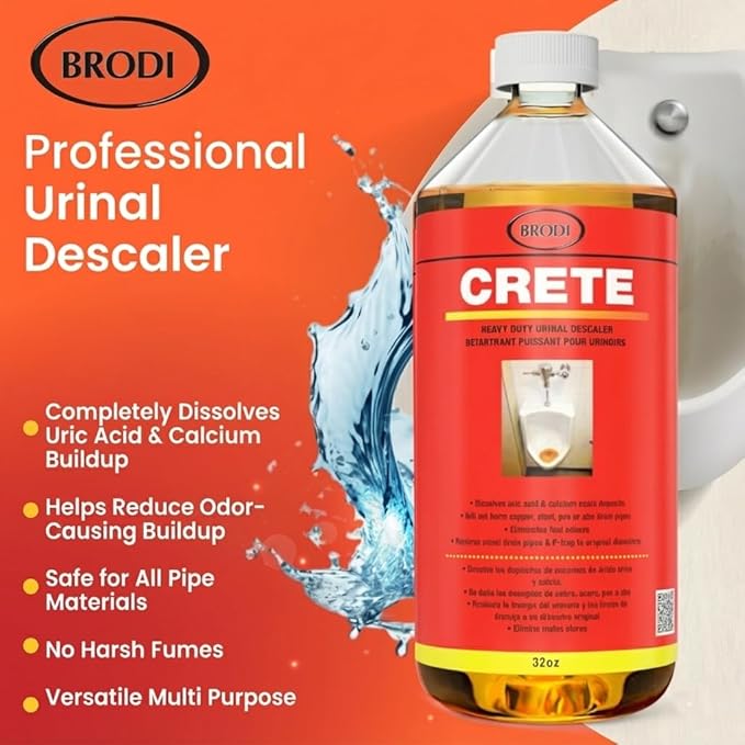 Brodi CRETE Urinal Drain Cleaner, Commercial Grade, Restores Pipes to Original Diameter, Urinal Descaler & Deodorizer, Safe for Pipes, No Harsh Fumes, Urine Salt Remover, 32 Fl Oz (Pack of 1)